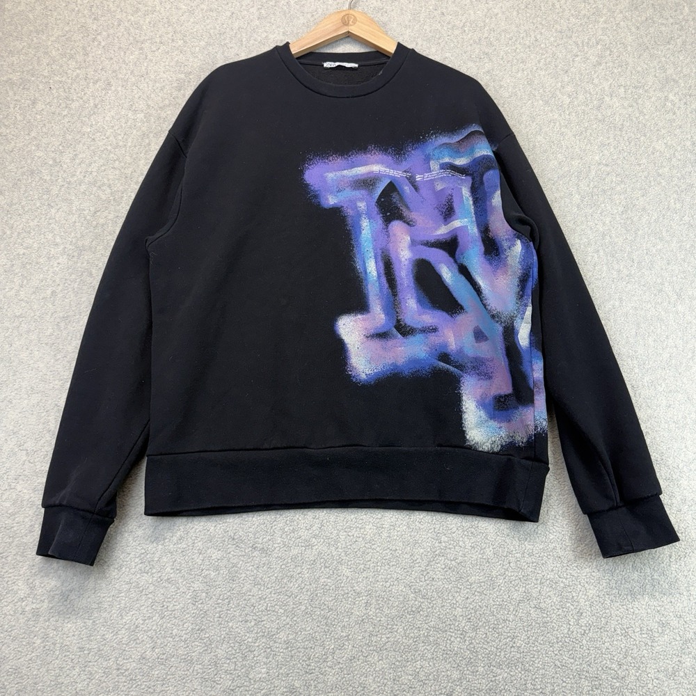 Zara Men's Medium Black Graffiti Graphic Crewneck Sweatshirt Oversized